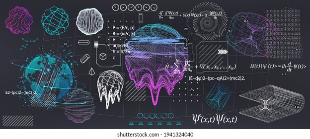 Abstract Science Elements With Fundamental Quantum Mechanics Formulas. Curvature Of Spacetime In A Gravitational Field, Black Hole, Elements From Theoretical Physics. Vector Collection Elements