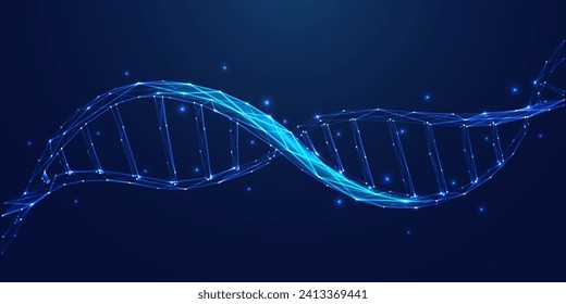 Abstract science or medicine background with DNA stand on it. Close-up double helix in light blue. Biotechnology, biology, and science concepts. Futuristic tech low poly wireframe vector illustration.