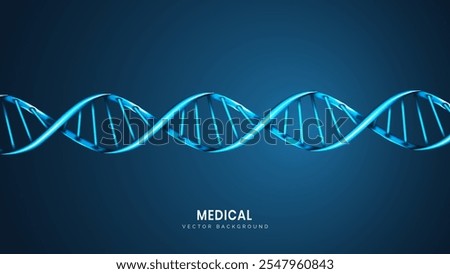 Abstract science or medicine background with DNA stand on it. Close-up double helix in light blue. Biotechnology, biology, and science concepts. Futuristic tech background vector illustration.