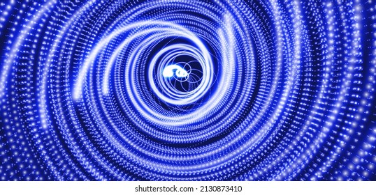 Abstract science or technology background. Array with dynamic particles. Swirl with connected dots and light effect. 3d grid surface. Vector illustration.