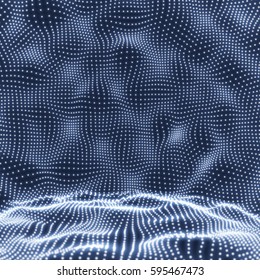 Abstract Science or Technology Background. Graphic Design. Network Illustration with Particle. 3D Grid Surface. Cyberspace Grid. 