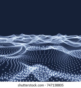 Abstract Science or Technology Background. Graphic Design. Network Illustration with Particle. 3D Grid Surface. Cyberspace Grid.