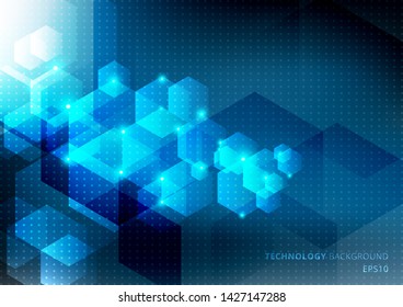 Abstract science and technology concept from blue hexagons elements glow on dark blue background with dots pattern texture. Geometric tech digital media template. Vector illustration