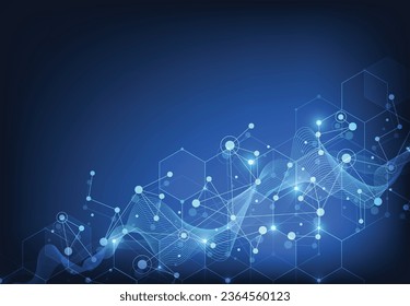 Plantilla de ciencia abstracta. Líneas de tecnología y puntos de fondo de conexión. Papel de escritorio o pancarta con moléculas de ADN. Ilustración del vector