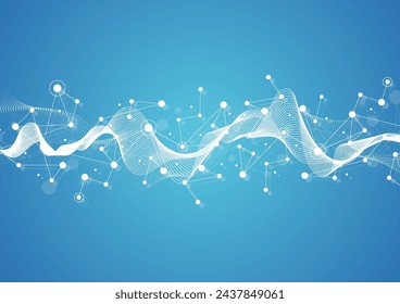 Abstract science template. Technology lines and dots connection background. Wallpaper or banner with a DNA molecules. Vector illustration