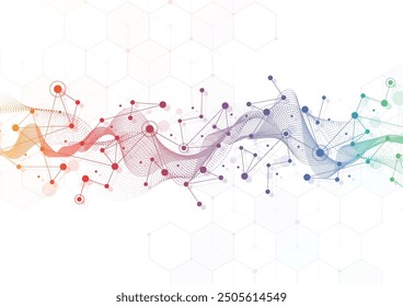 Abstract science template. Technology lines and dots connection background. Wallpaper or banner with a DNA molecules. Vector illustration