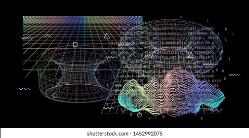 Abstract scientific background with 3d shapes of tori (toroid or torus), neon laser grid and glitched geometric figures. Cyberpunk style vector illustration.