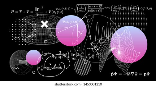 Abstract scientific background with 3d shapes of tori (toroid or torus), physics equations and glitched geometric figures. Vector illustration of a black chalkboard, vaporwave/ synthwave style.