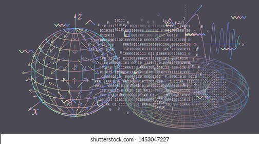 Abstract scientific background with 3d shapes of tori (toroid or torus), physics equations and glitched geometric figures. Vector illustration of a black chalkboard, vaporwave/ synthwave style.