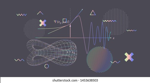 Abstract scientific background with 3d shapes of klein bottle and glitched geometric figures. Cyberpunk style vector illustration.