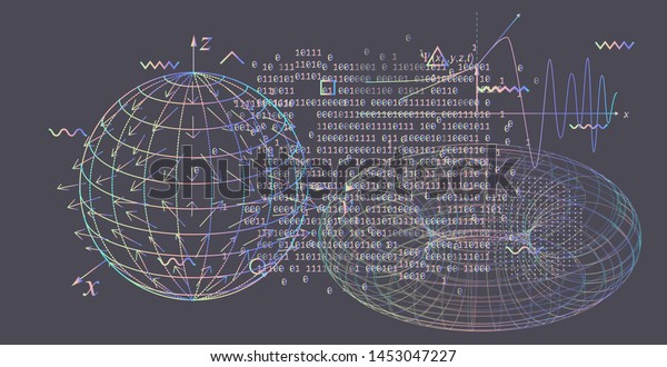 抽象的な科学の背景に トロイドやトーラスの3d形 物理方程式 きらびやかな幾何学図形 黒板 気化波 合成波形のベクターイラスト のベクター画像素材 ロイヤリティフリー