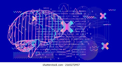 Abstract scientific background with 3D silhouette of the human brain and geometric figures.