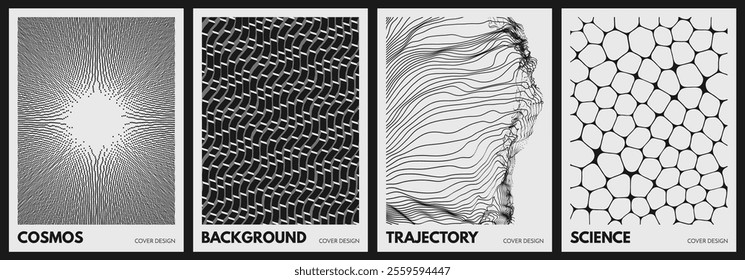 Abstract scientific background with cells or cell membranes. Black and white design. A backdrop of voxel cubes. Imitation of splashing water. Array with dynamic particles. Vector for cover.