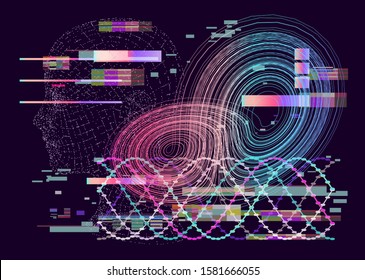 Abstract Scientific Background With DNA Molecule, Holographic Wireframe Of Human Head And Lorenz System Chaotic Attractor. Biotechnology, Genetics And Artificial Intelligence In Healthcare Concept.