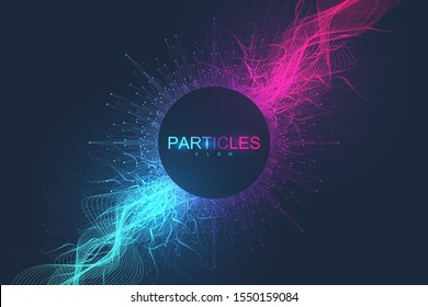 Abstract scientific background with dynamic particles, wave flow. 3D data visualization with fractal elements. Cyberpunk style. Digital vector illustration.