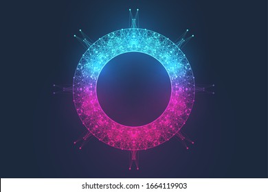 Abstract scientific background with dynamic particles, wave flow. 3D data visualization with fractal elements. Cyberpunk style. Digital vector illustration.