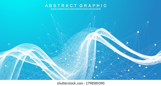 Abstract scientific background with dynamic particles, wave flow. Plexus stream background. 3D data visualization with fractal elements. Cyberpunk style. Digital vector illustration.