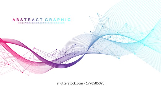 Abstract scientific background with dynamic particles, wave flow. Plexus stream background. 3D data visualization with fractal elements. Cyberpunk style. Digital vector illustration.
