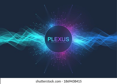 Abstract scientific background with dynamic particles, wave flow. Plexus stream background. 3D data visualization with fractal elements. Cyberpunk style. Digital vector illustration.