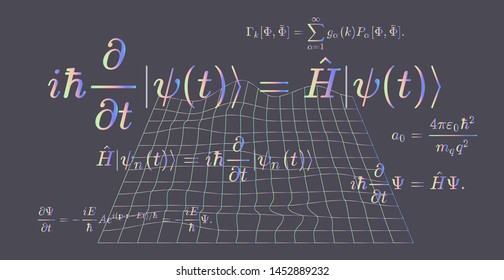 Abstract scientific background with fundamental Quantum Mechanics formulas: Schrodinger equation,  quantum field theory, diffusion equation, ect. Vector illustration of blackboard with formulas.