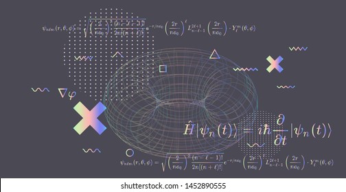 Abstract scientific background with fundamental Quantum Mechanics formulas: Schrodinger equation,  quantum field theory, diffusion equation, ect. Vector illustration of blackboard with formulas.