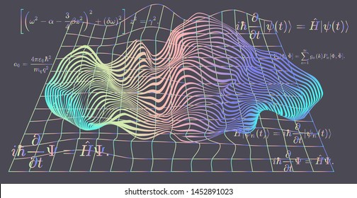 Abstract scientific background with fundamental Quantum Mechanics formulas: Schrodinger equation, The position-space wave function of the quantum system, diffusion equation. Vector illustration.