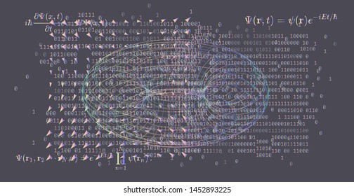 Abstract scientific background with fundamental Quantum Mechanics formulas: Schrodinger equation,  quantum field theory, diffusion equation, ect. Vector illustration of blackboard with formulas.