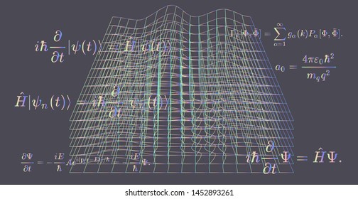Abstract scientific background with fundamental Quantum Mechanics formulas: Schrodinger equation,  quantum field theory, diffusion equation, ect. Vector illustration of blackboard with formulas.