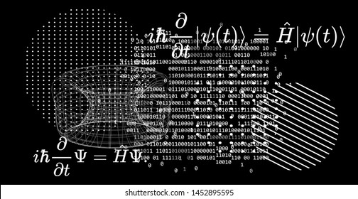 Abstract scientific background with fundamental Quantum Mechanics formulas: Schrodinger equation,  quantum field theory, ect. Vector illustration of a black chalkboard with physics formulas.
