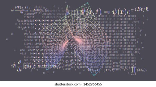 Abstract scientific background with fundamental Quantum Mechanics formulas: Schrodinger (Schroedinger) equation,  quantum field theory, ect. Vector illustration of a blackboard with physics formulas.