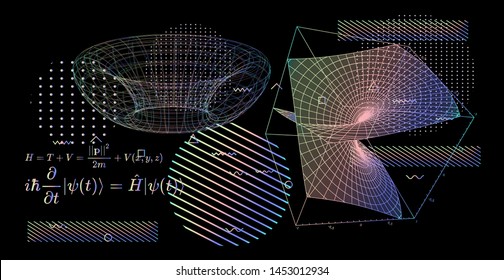 Abstract scientific background with fundamental Quantum Mechanics formulas: Schrodinger (Schroedinger) equation,  quantum field theory, ect. Vector illustration of a blackboard with physics formulas.