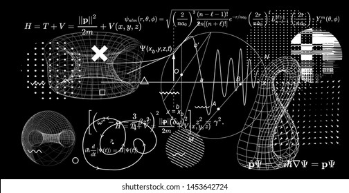 Abstrakter wissenschaftlicher Hintergrund mit grundlegenden Formeln für Quantenmechaniken: Schrodinger (Schroedinger) Gleichung, etc. Pappe mit Formeln,   Diagramm einer Funktion, 3d Wiestiflasche und Torus.