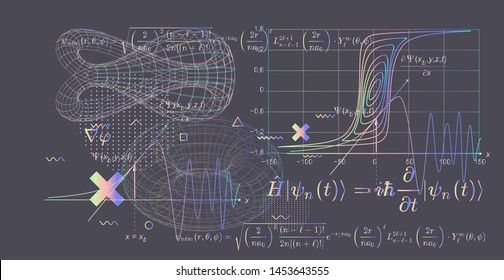 Abstract scientific background with fundamental Quantum Mechanics formulas: Schrodinger (Schroedinger) equation, ect. Blackboard with formulas,   graph of a function, 3d klein bottle and torus.