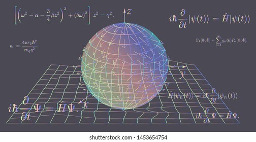 Abstract scientific background with fundamental Quantum Mechanics formulas: Schrodinger (Schroedinger) equation,  quantum field theory, ect. Vector illustration of a blackboard with physics formulas.