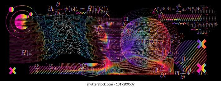 Abstract scientific background with fundamental Quantum Mechanics formulas: Schrodinger (Schroedinger) equation, ect. Blackboard with formulas, 3d graph of a function, calculations.