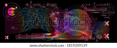 Abstract scientific background with fundamental Quantum Mechanics formulas: Schrodinger (Schroedinger) equation, ect. Blackboard with formulas, 3d graph of a function, calculations.