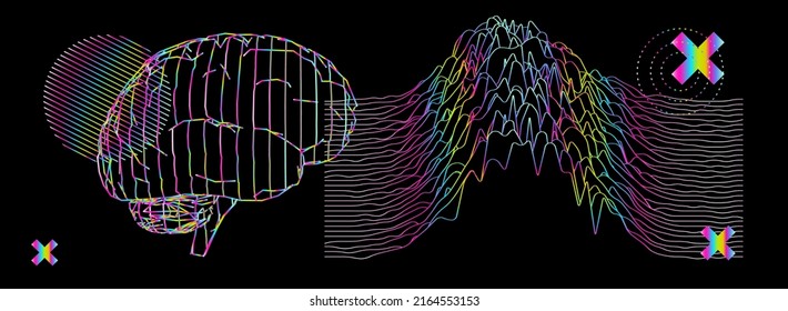 Abstract scientific background with holographic figures, 3D silhouette of the human brain and graphs.