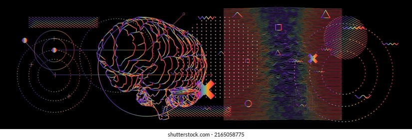 Resumen del fondo científico con figuras holográficas, silueta 3D del cerebro humano y gráficos.