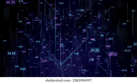 Abstract scientific background. Three-dimensional composition of intersecting multi-colored grids. Information technology concept. Digital cyberspace with rapidly changing numbers. Vector illustration