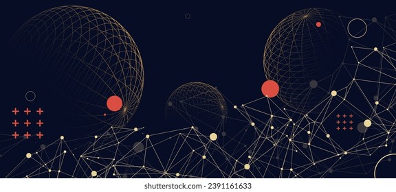 Abstract scientific background using wireframe sphere and plexus effect. Handmade vector illustration