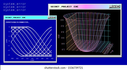 Abstract scientific futuristic background with 3d plots and graphs on computer desktop. Cyberpunk/ vaporwave/ synthwave style illustration.