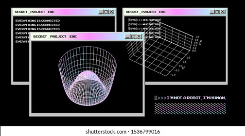 Abstract scientific futuristic background with 3d plots and graphs on computer desktop. Cyberpunk/ vaporwave/ synthwave style illustration.