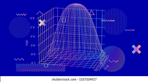 Abstract scientific futuristic background with 3d plots and graphs. Cyberpunk/ vaporwave/ synthwave style illustration.