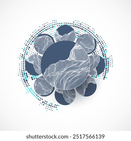Abstract scientific technological background. Circles with mountain surfaces in the middle. Vector illustration made by hands.