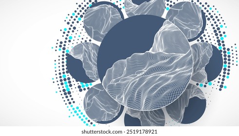 Abstractas formación científica y tecnológica. Círculos con superficies montañosas en el medio. Ilustración vectorial hecha a mano.