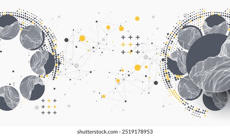 Abstract scientific technological background. Circles with mountain surfaces in the middle. Vector illustration made by hands.