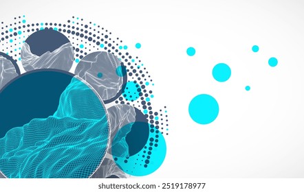 Abstract scientific technological background. Circles with mountain surfaces in the middle. Vector illustration made by hands.