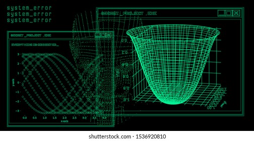 Abstract scientific technology background with 3d plots and graphs on computer desktop. Cyberpunk/ vaporwave/ synthwave style illustration.