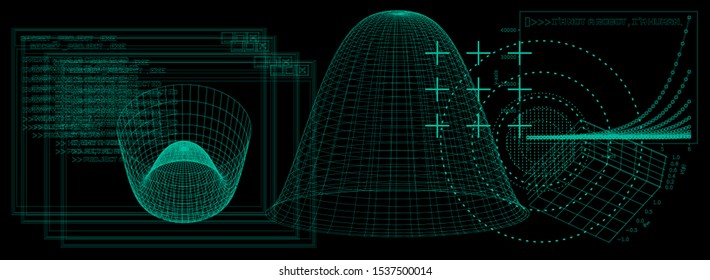Abstract scientific technology background with 3d plots and graphs on computer desktop. Cyberpunk/ vaporwave/ synthwave style illustration.