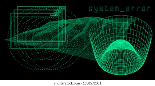 Abstract scientific technology background with 3d plots and graphs on computer desktop. Cyberpunk, synthwave style illustration.